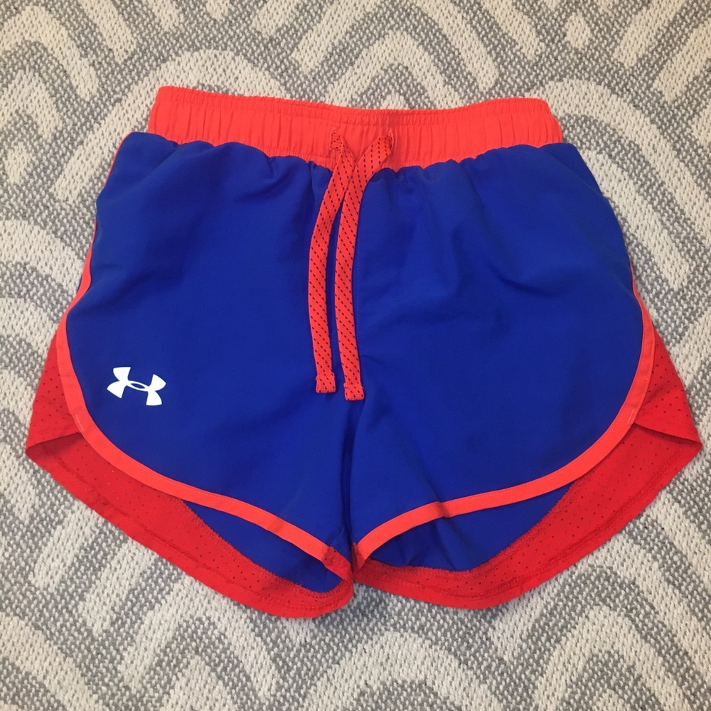 UNDER ARMOUR Youth Girls Blue Red Athletic Running Shorts, Small